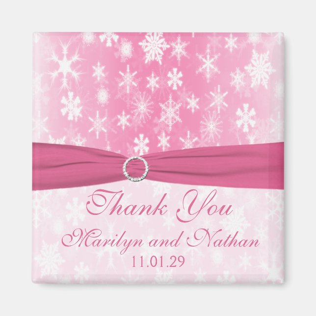 Pink and White Snowflakes Wedding Favour Magnet (Front)