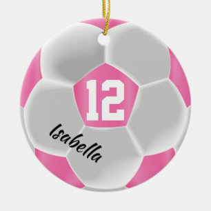 Pink and White Soccer Ball Ceramic Tree Decoration
