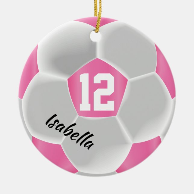 Pink and White Soccer Ball Ceramic Tree Decoration (Front)