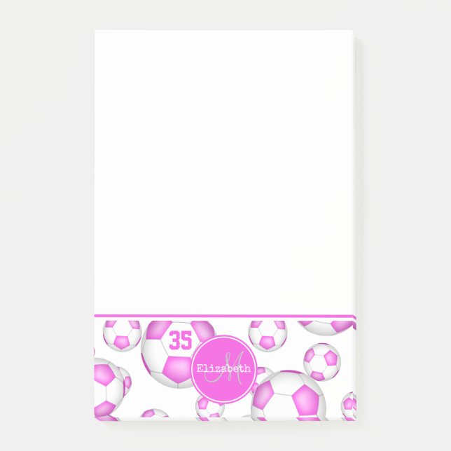 pink and white soccer balls girly sports post-it notes (Front)