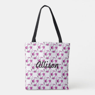 Pink and White Soccer Balls with Name Tote Bag