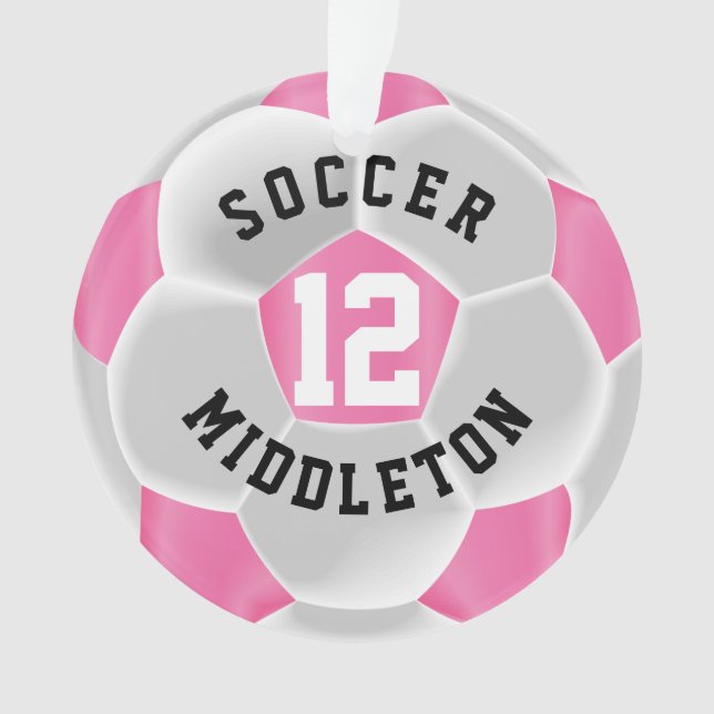 Pink and White ⚽ Soccer Sport Ball Ornament (Front)