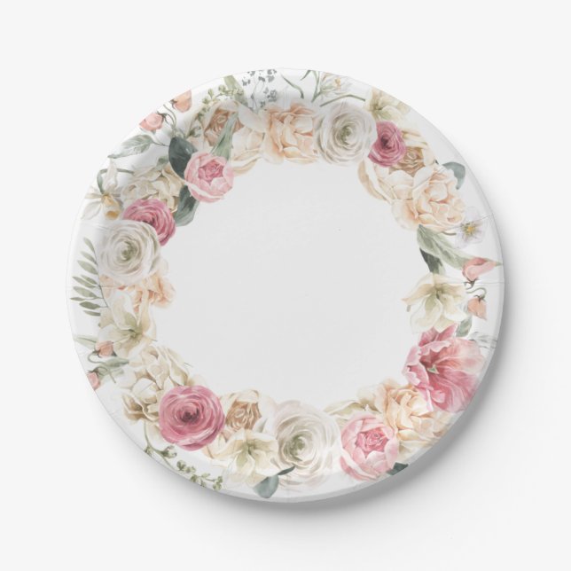 Pink and White Spring Floral Paper Plates (Front)