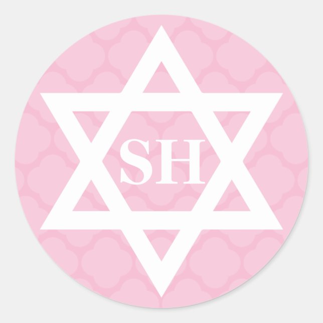 Pink and White Star of David Monogram Bat Mitzvah Classic Round Sticker (Front)
