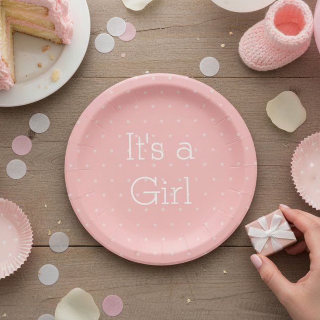Pink and White Star Pattern It's A Girl Paper Plate (Creator Uploaded)