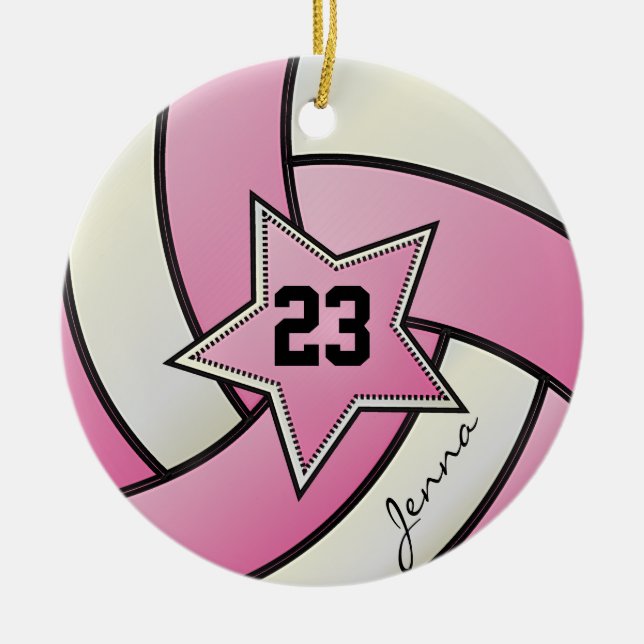 Pink and White Star Volleyball Ceramic Tree Decoration (Front)