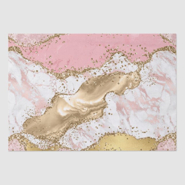 Pink and White Stone with Gold Glitter Agate Tissue Paper (Front)
