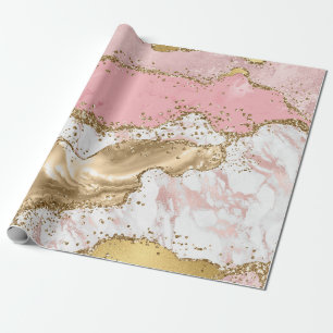 Pink and White Stone with Gold Glitter Agate Wrapping Paper