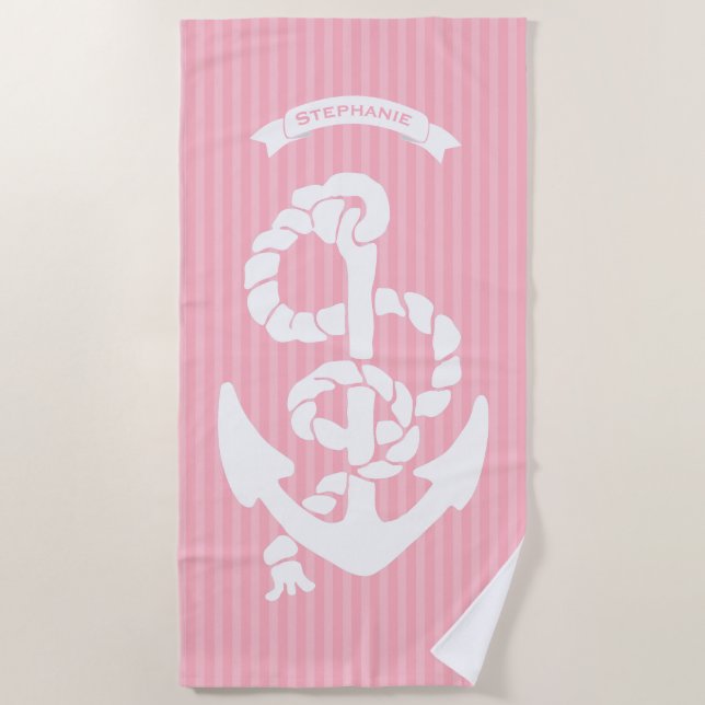 Pink and White Stripe Anchor Your Name or Quote Beach Towel (Front)