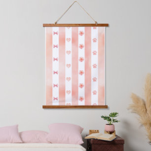 Pink and White Stripe - Hearts, Rose, Paw Print Hanging Tapestry