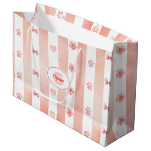 Pink and White Stripe - Hearts, Rose, Paw Print Large Gift Bag