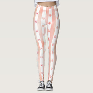 Pink and White Stripe - Hearts, Rose, Paw Print Leggings