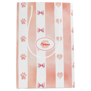 Pink and White Stripe - Hearts, Rose, Paw Print Medium Gift Bag