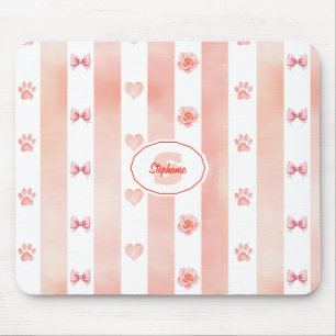 Pink and White Stripe - Hearts, Rose, Paw Print Mouse Mat