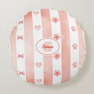 Pink and White Stripe - Hearts, Rose, Paw Print Round Cushion