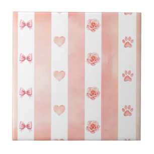 Pink and White Stripe - Hearts, Rose, Paw Print Tile