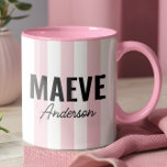 Pink and white stripe personalised modern elegant  mug<br><div class="desc">Modern minimal typography girly pink and white stripe elegant simple unique personalised gift mug design.</div>