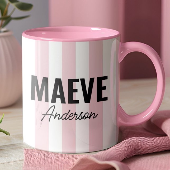 Pink and white stripe personalised modern elegant  mug (Creator Uploaded)