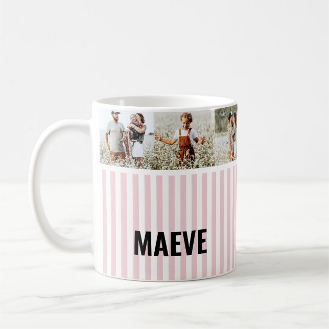 Pink and white stripe personalised modern photo coffee mug (Left)