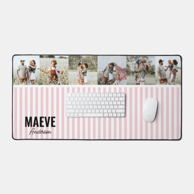Pink and white stripe personalised modern photo desk mat (Keyboard & Mouse)