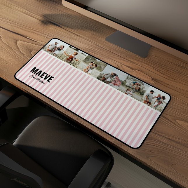 Pink and white stripe personalised modern photo desk mat (Creator Uploaded)