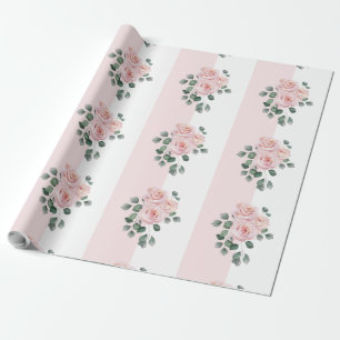 Pink and White Stripe Watercolor Roses Wrapping Paper