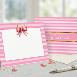 Pink and White Striped and Watercolor Bow Card
