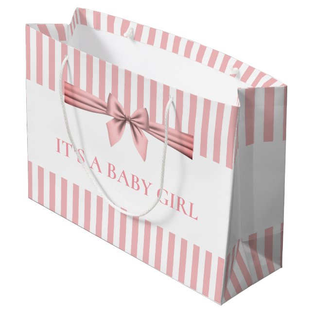 Pink and White Striped Baby Shower Large Gift Bag (Back Angled)