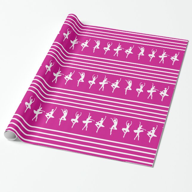 Pink and White Striped Ballet Dancer Wrapping Paper (Unrolled)