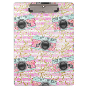 Pink and White Striped Clipboard with Pink Cameras