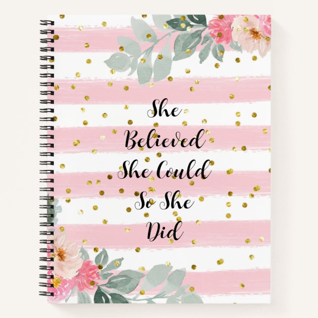 Pink and White Striped Gold Glitter Floral Quote  Notebook (Front)
