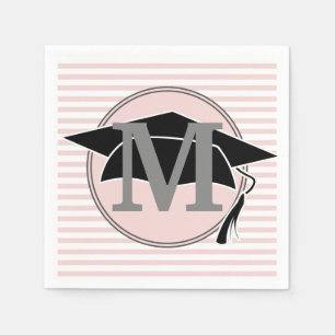 Pink and White Striped Graduation Cap Party Napkin