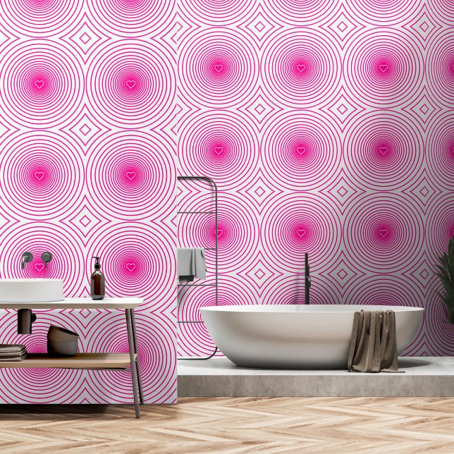 Pink and White Striped Hearts Custom Colours Wallpaper (Bathroom)