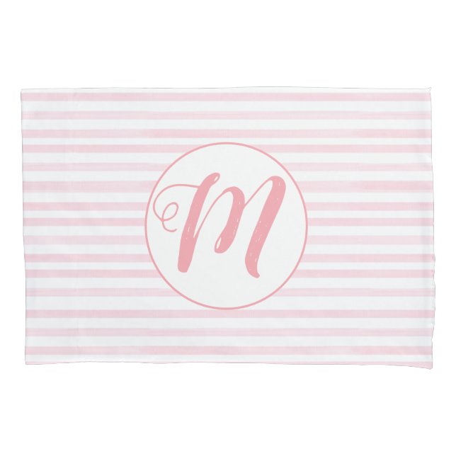 Pink and White Striped Monogrammed Pillowcase (Front)