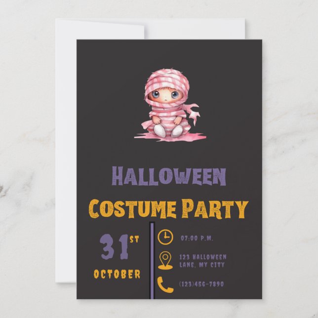 Pink and White Striped Mummy Black Halloween Invitation (Front)
