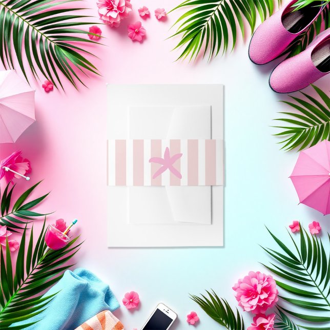 Pink and White Striped Starfish Beach Social Club Invitation Belly Band (Pink and White Striped Starfish Beach Social Club Invitation Belly Band)