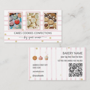 Pink and white stripes 3 photos business card