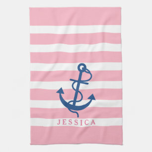 Pink And White Stripes Blue Nautical Anchor 2 Tea Towel