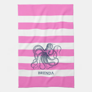 Pink And White Stripes Blue Nautical Octopus Tea Towel