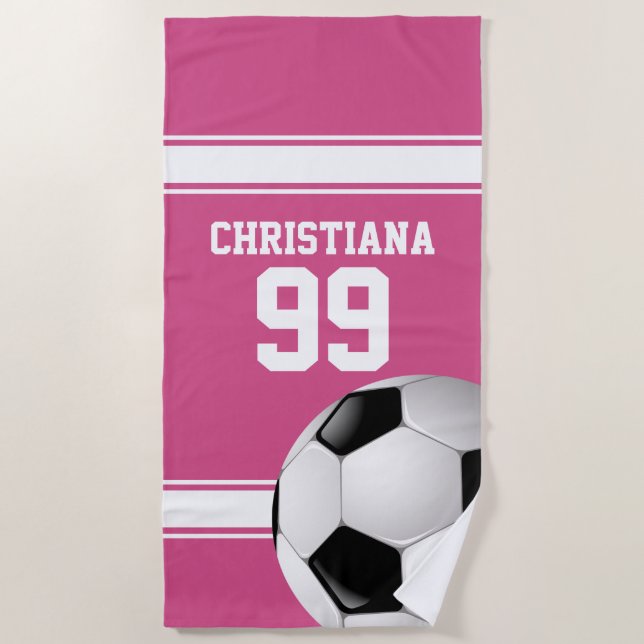 Pink and White Stripes Jersey Soccer Ball Beach Towel (Front)