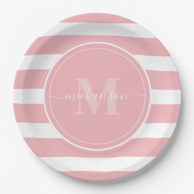 Pink and White Stripes Monogram Name Paper Plate (Front)
