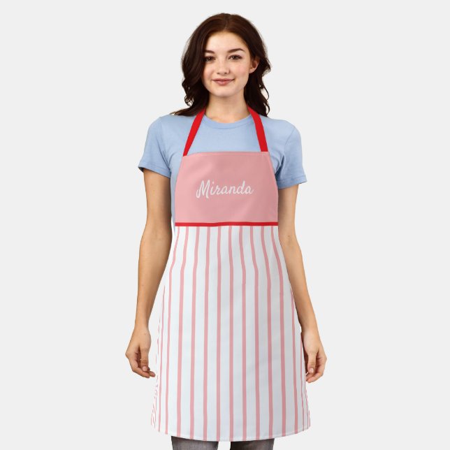 Pink And White Stripes Personalised Apron (Worn)