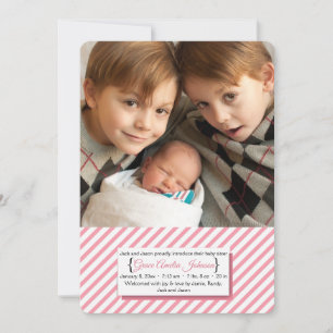 Pink and White Stripes Photo Birth Announcement