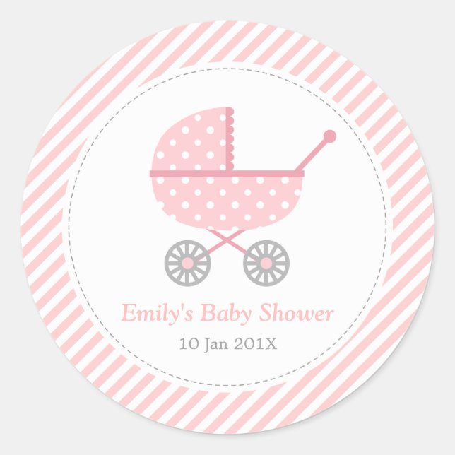 Pink and White Stripes, Stroller, Baby Girl Shower Classic Round Sticker (Front)