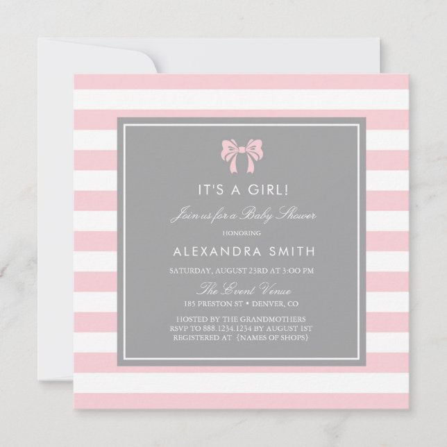 Pink and White Stripes with Bow Baby Shower Invitation (Front)