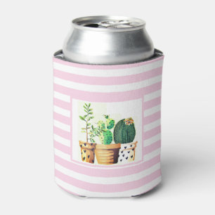 Pink and White Stripes with Cactus Succulents Foam Can Cooler