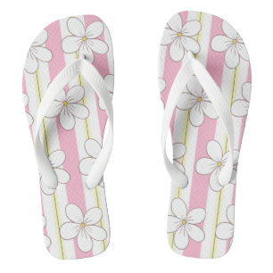 Pink And White Stripes With Flowers Flip Flops