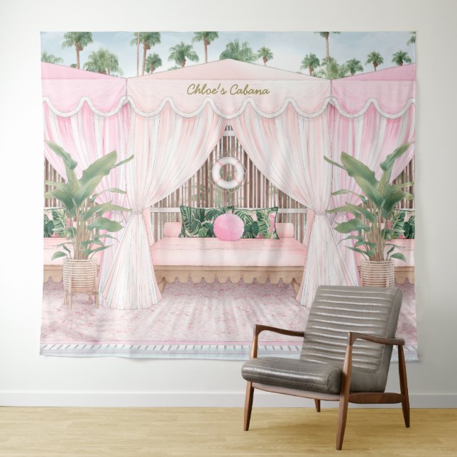 Pink and White Summer Pool Cabana Tapestry (In Situ (Horizontal))