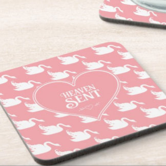 Pink and White Swan Pattern for Baby Shower Coaster