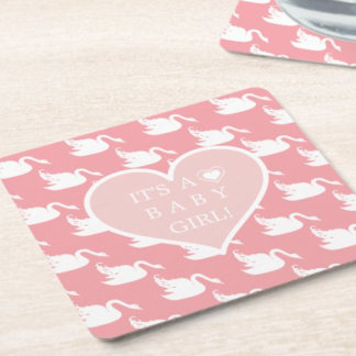 Pink and White Swan Pattern for Baby Shower Square Paper Coaster
